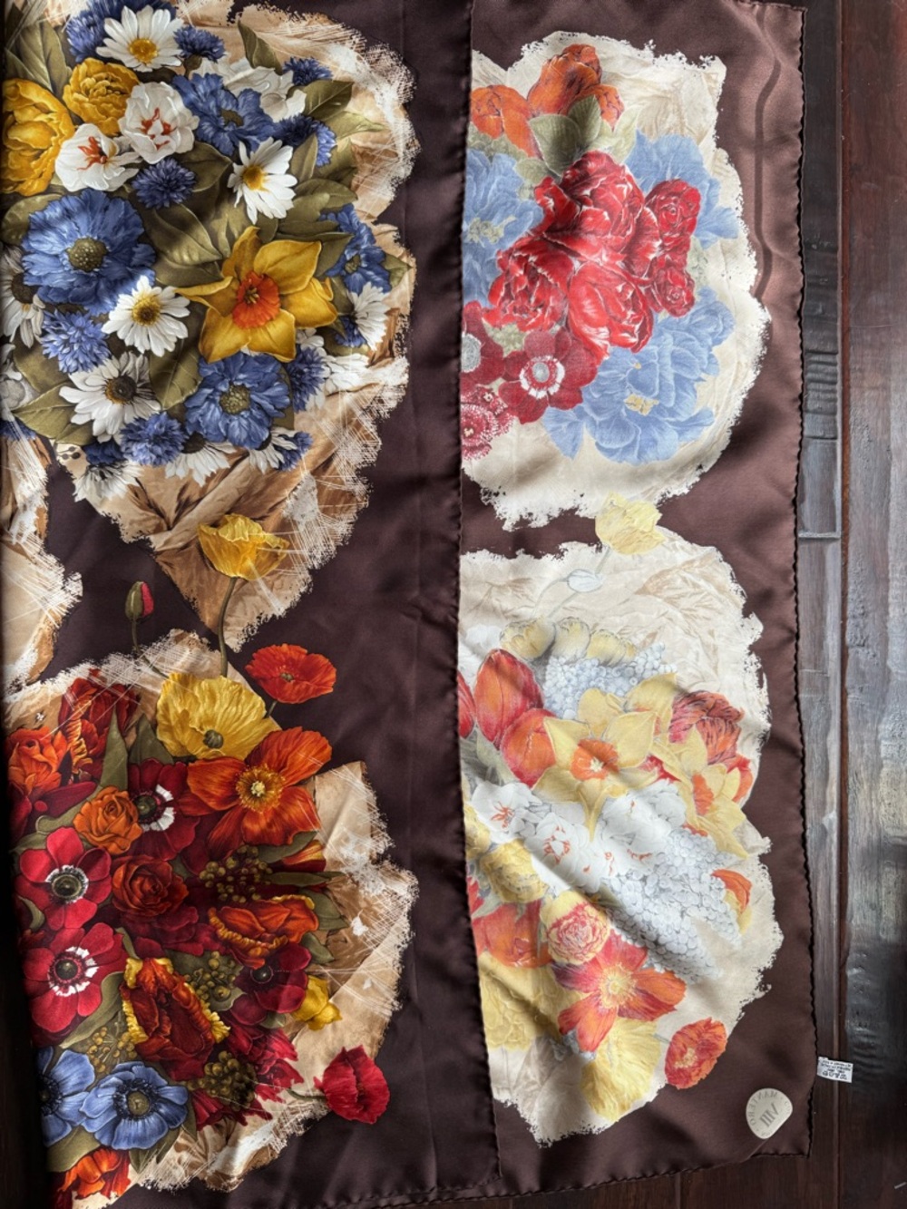 Vintage Mantero Collection VIII Silk Scarf florals on chocolate Brown - Picture 8 of 9